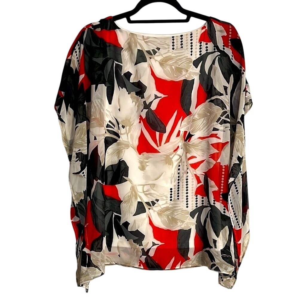 Calvin Klein Flowy Floral Colorful Red Blouse Short Sleeve Vacation Resort Top S